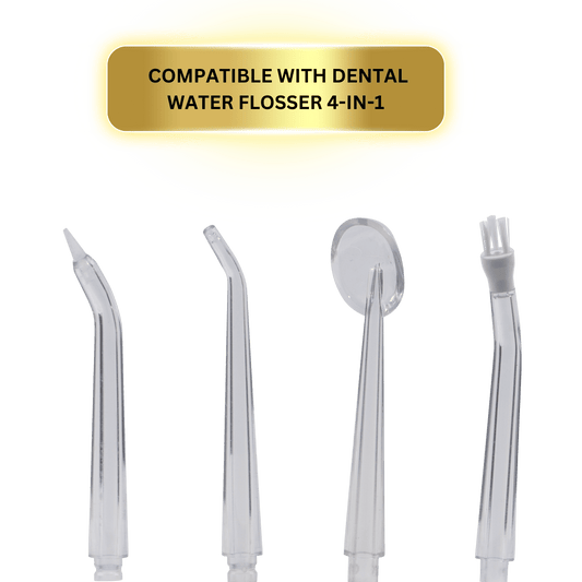 4 attachments for Dental Wireless Water Flosser for plaque removal, tooth polishing, tongue brush and plaque removal on 3 various modes exclusively sold on Smilie Therapy