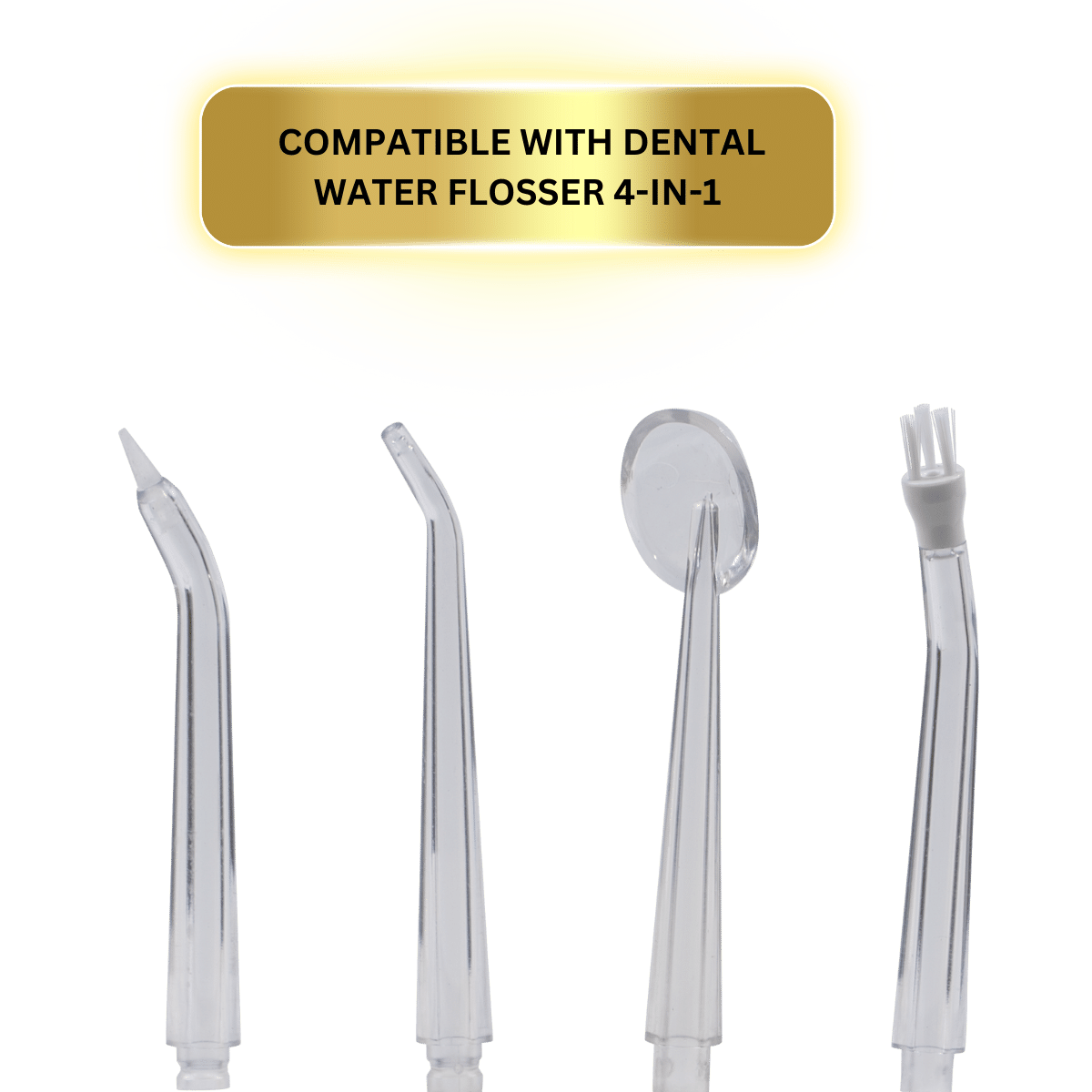 4 attachments for Dental Wireless Water Flosser for plaque removal, tooth polishing, tongue brush and plaque removal on 3 various modes exclusively sold on Smilie Therapy